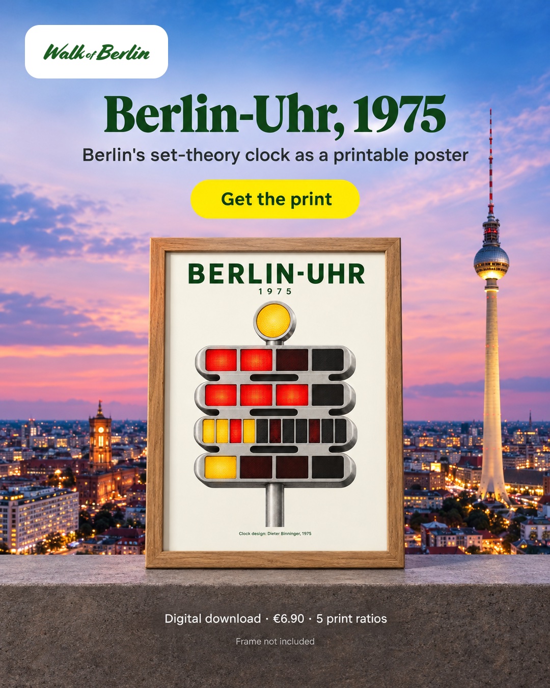 Portrait ad variation showing the Berlin-Uhr poster against the city skyline, with a different scene and layout.