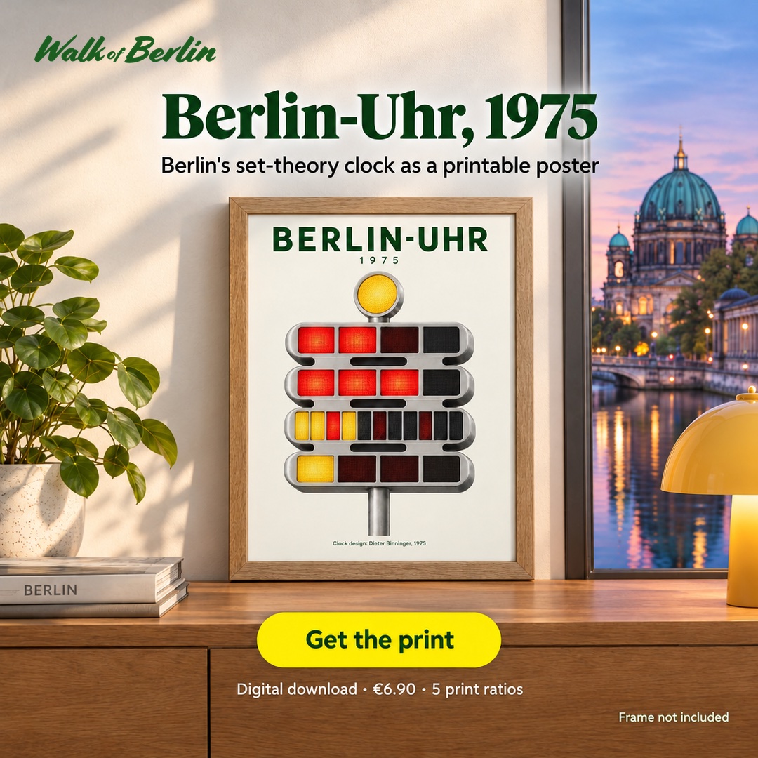 Square ad for the Berlin-Uhr poster, with a green logo, a view of Berlin and a yellow button.