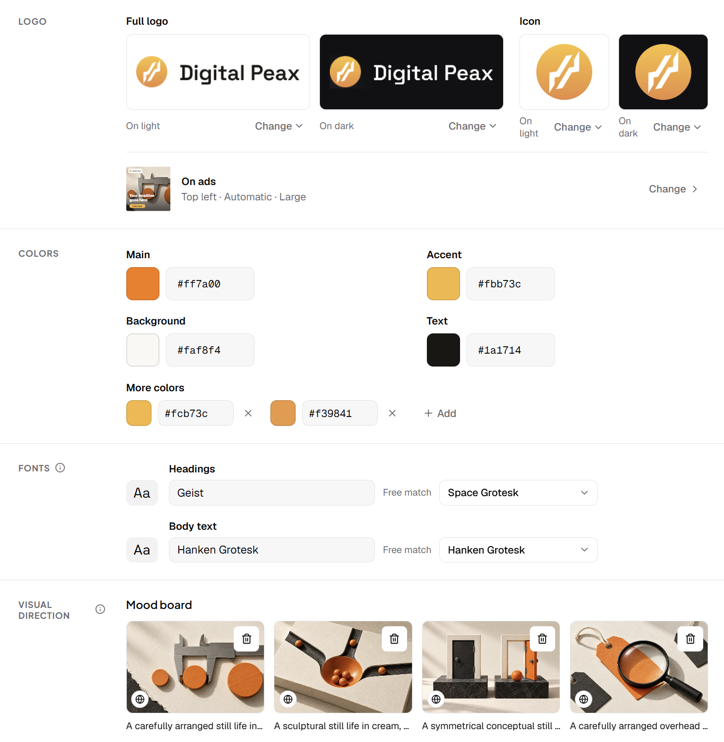 Digital Peax’s Odaq Brand Kit showing logo variants, an orange color palette, fonts and reference images.