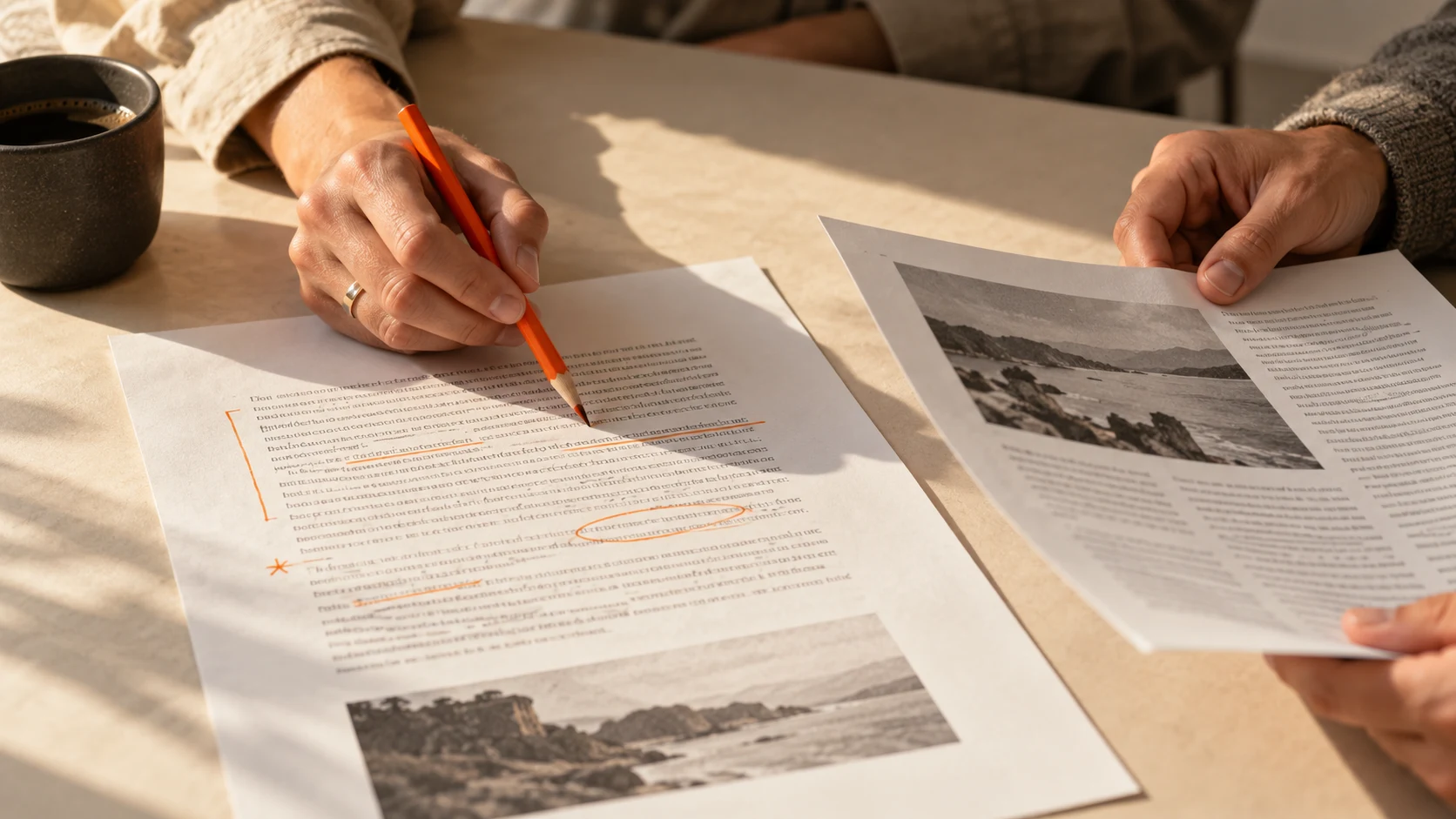 Two people checking an article against a source page and marking corrections with an orange pencil.