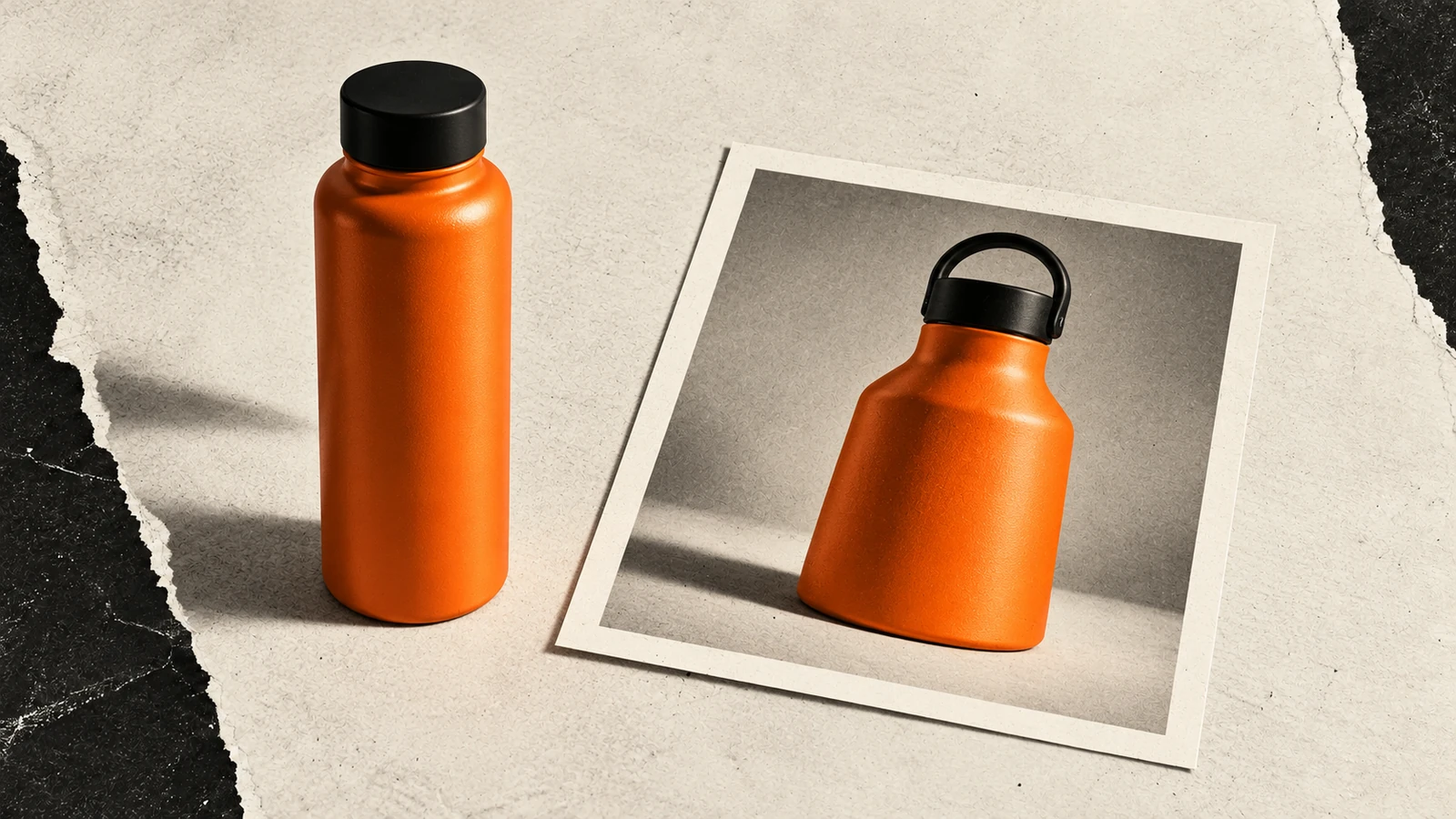 An orange bottle beside a printed image that changes its shape and cap.