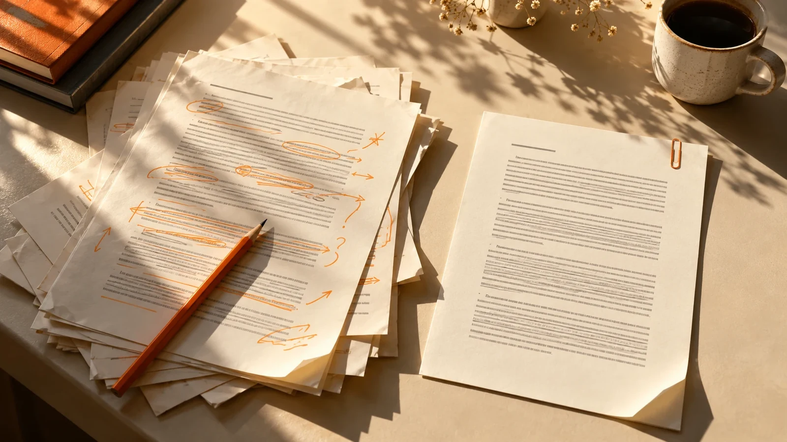 A stack of marked-up draft pages and an orange pencil beside a neatly arranged article.