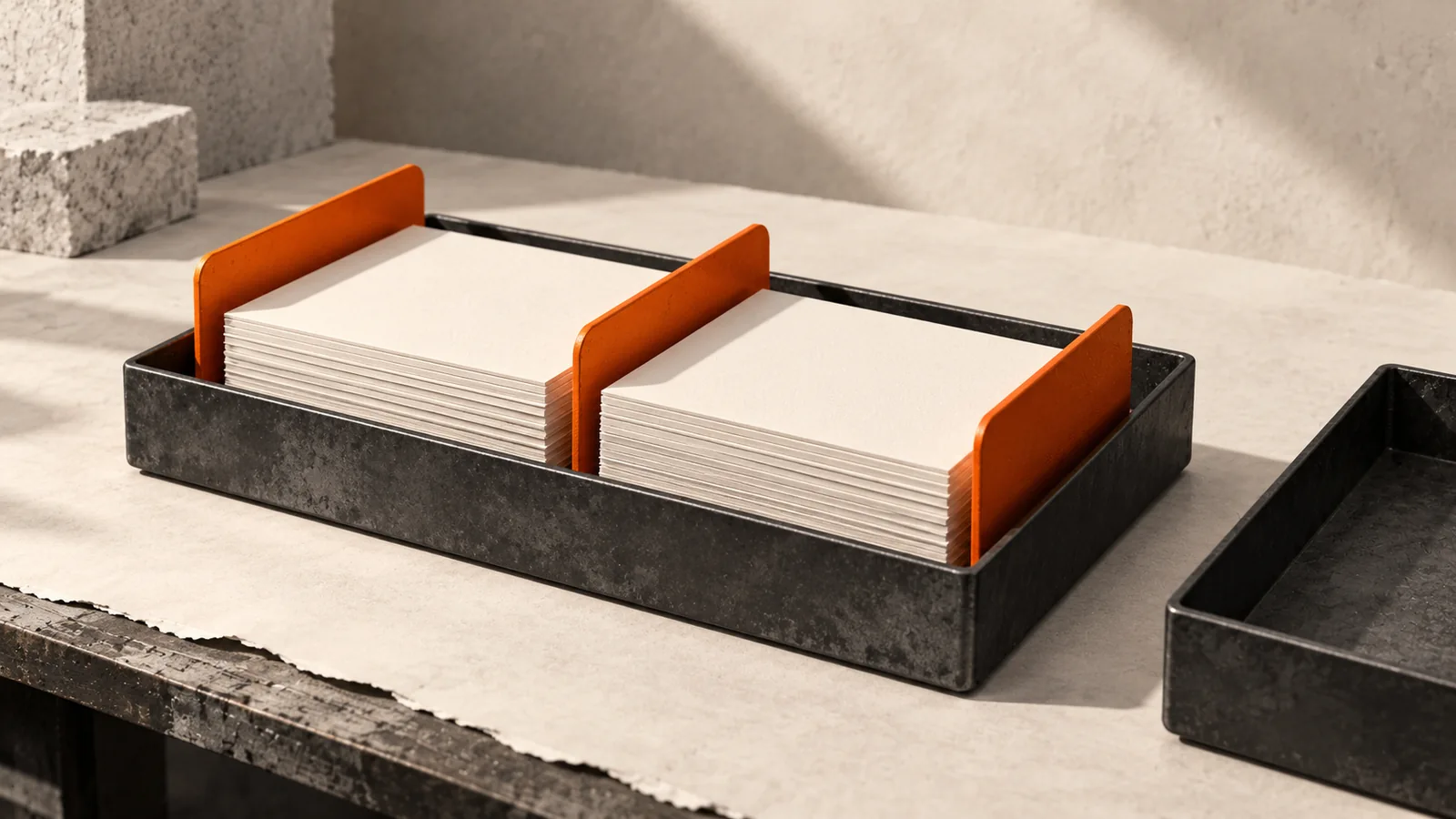 Blank ivory cards organized by orange dividers in a charcoal tray, with an empty tray set aside.
