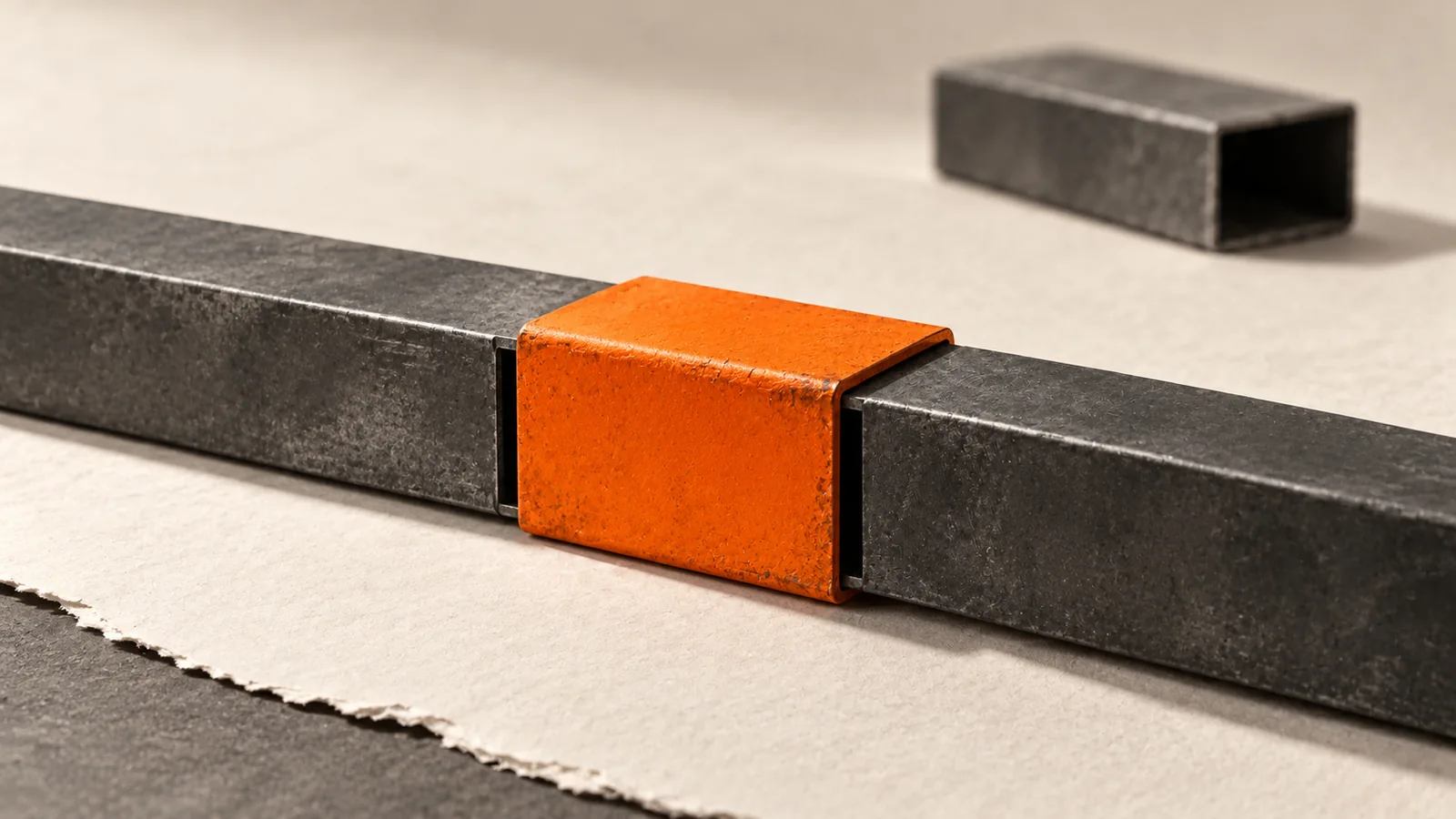 Two charcoal metal sections joined by an orange sleeve on ivory paper, with an unused section behind them.