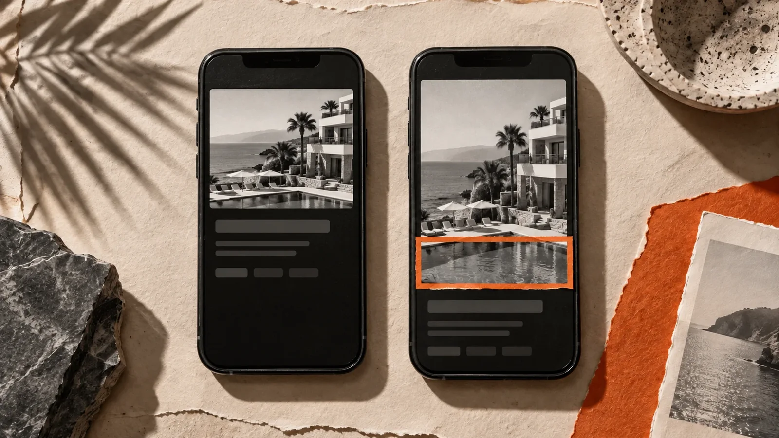 Fildişi kâğıt üzerinde iki siyah telefon; ikincisinde daha uzun otel fotoğrafı ve eklenen şerit turuncu çerçeveyle işaretli.