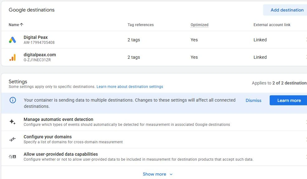 Actual Digital Peax GTM Settings showing both destinations as Optimized Yes, current external account links as Linked, and shared settings below.