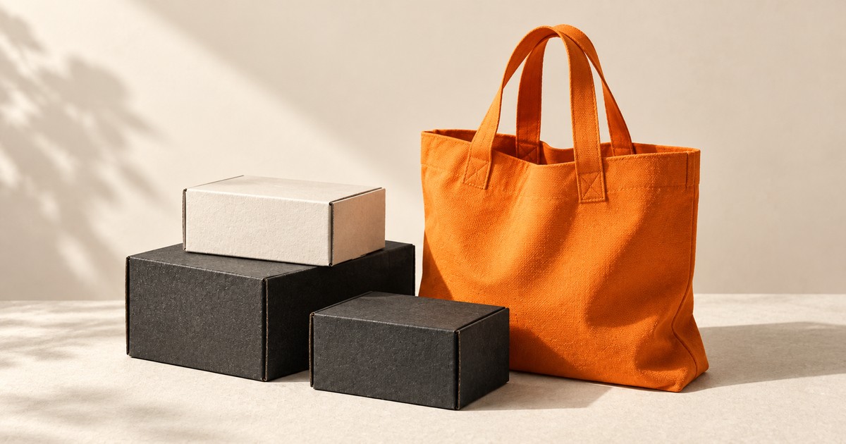 An orange tote beside three shipping boxes.