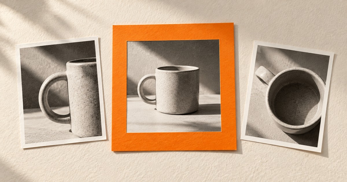 Three product photographs, with the middle one in an orange frame.